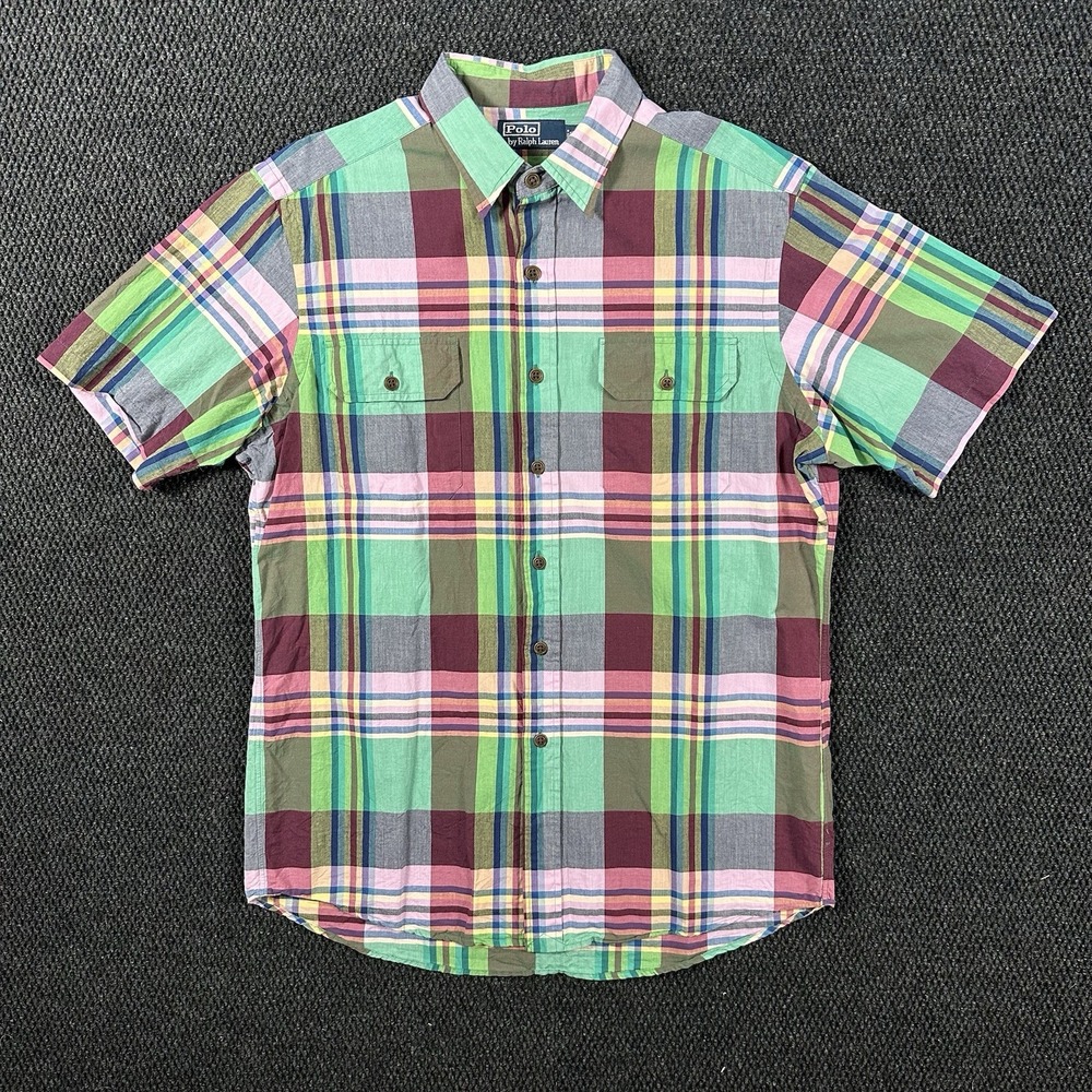 Polo by Ralph Lauren Short Sleeve Shirt Men's L Green Madras Plaid Dual Pockets